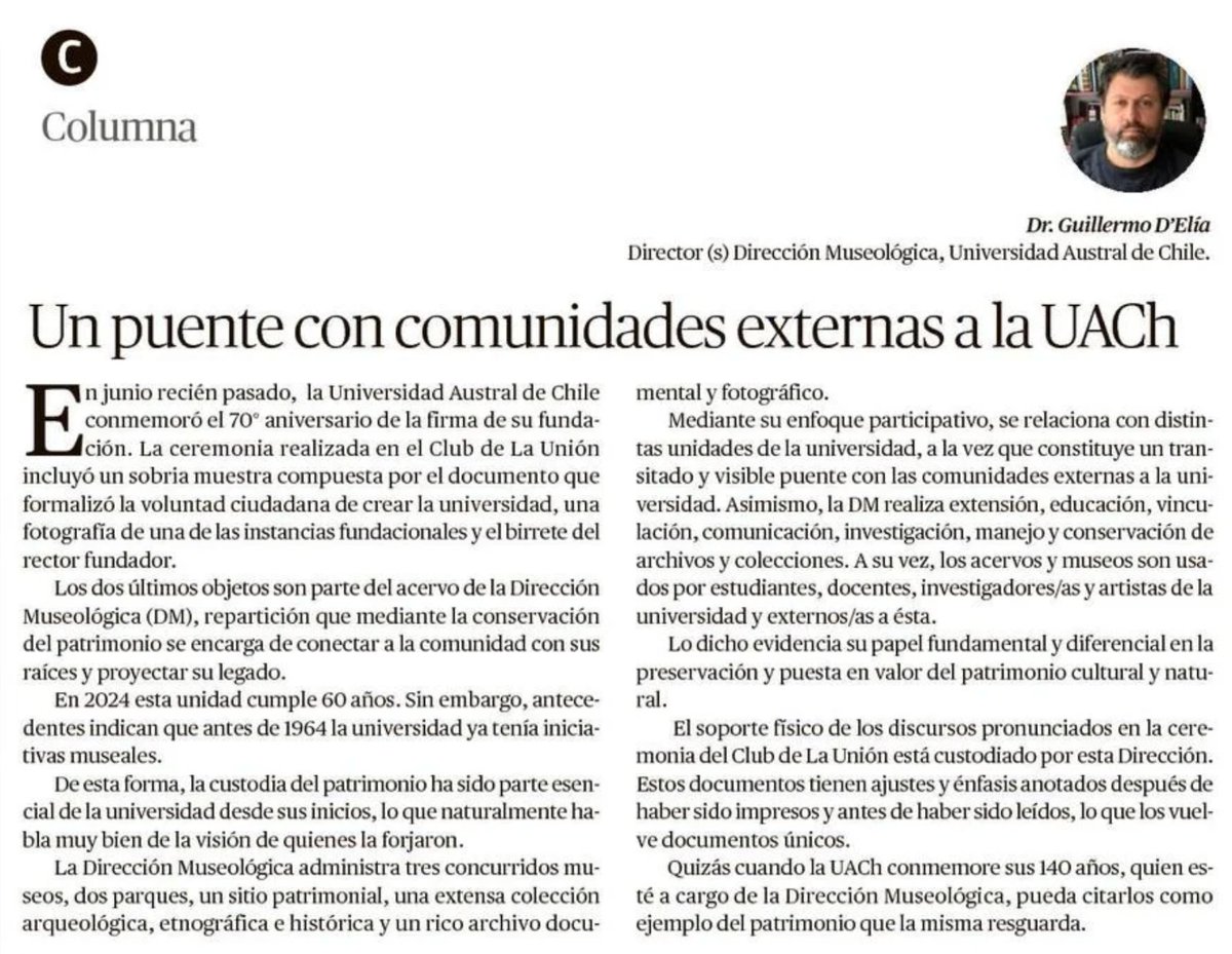 GuillermoDElia's tweet photo. Breve columna de opinión sobre la Dirección Museológica de la UACh y su relacionamiento con el resto de la universidad y las comunidades externas.

@museosaustral @UAustraldeChile #MuseosUniversitarios #museología

#valdivia #valdiviacl https://t.co/JyjPv0780l