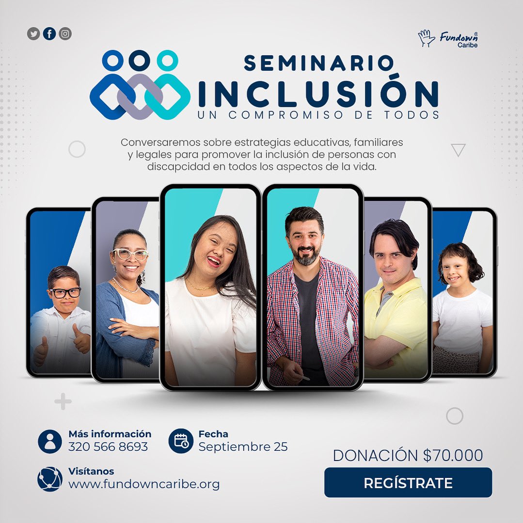 Participa en el seminario "Inclusión un compromiso de todos", un espacio de reflexión y acción encaminado al abordaje de temáticas sobre educación, familia y capacidad legal de las personas con discapacidad. 🖐🏻💙

¡Separa tu cupo ya!

#SeminarioFundownCaribe
#EducaciónInclusiva