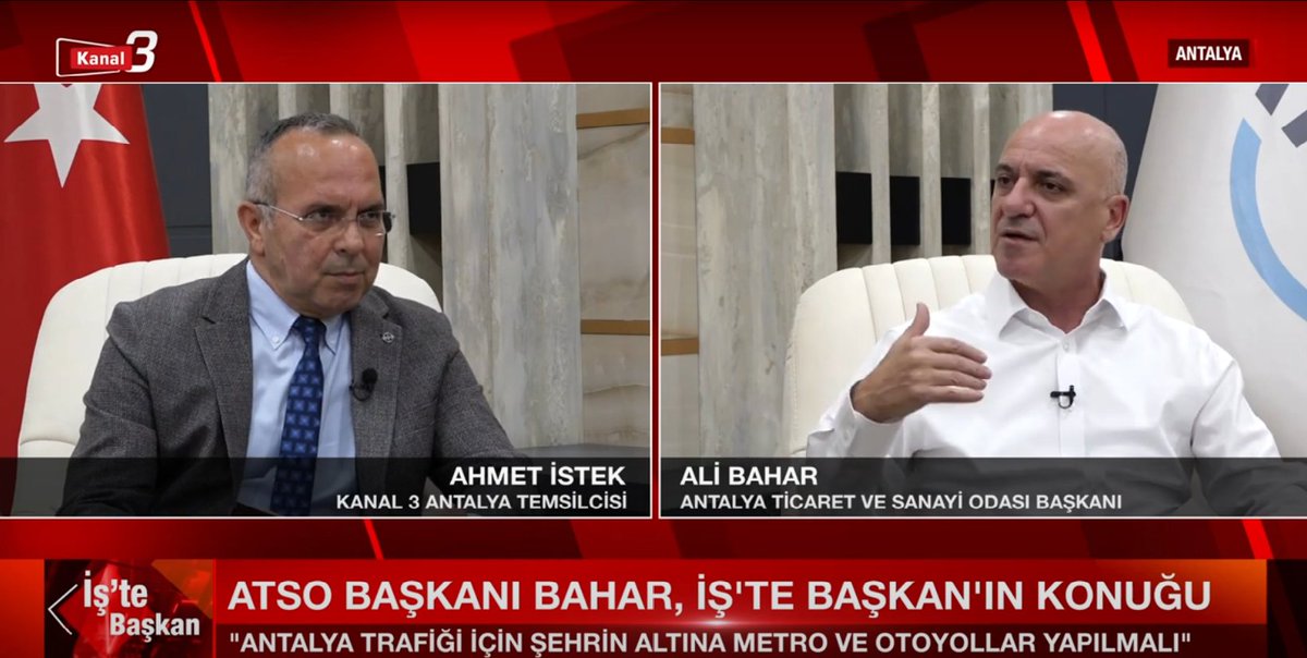 Antalya TSO (@antalyatso) on Twitter photo Yönetim Kurulu Başkanımız merhum Ali Bahar'ın konuk olduğunu son televizyon programı olan İşte Başkan, Ali Bahar'ın anısına bu akşam saat 20.00'de Kanal 3 ekranlarında olacak.
<a href="/aalibaharr/">Ali Bahar</a> <a href="/bogachangoksu/">Boğaçhan Göksu</a> <a href="/YHacisuleyman/">yusuf hacisuleyman</a> <a href="/MuratTOTOS/">Murat TOTOŞ</a> <a href="/eczhaticeoz/">Hatice ÖZ</a> <a href="/aozgurkaragoz/">Özgür Karagöz</a> <a href="/huseyinsari_sar/">Hüseyin Sarı</a> Yönetim Kurulu Başkanımız merhum Ali Bahar'ın konuk olduğunu son televizyon programı olan İşte Başkan, Ali Bahar'ın anısına bu akşam saat 20.00'de Kanal 3 ekranlarında olacak.
<a href="/aalibaharr/">Ali Bahar</a> <a href="/bogachangoksu/">Boğaçhan Göksu</a> <a href="/YHacisuleyman/">yusuf hacisuleyman</a> <a href="/MuratTOTOS/">Murat TOTOŞ</a> <a href="/eczhaticeoz/">Hatice ÖZ</a> <a href="/aozgurkaragoz/">Özgür Karagöz</a> <a href="/huseyinsari_sar/">Hüseyin Sarı</a>