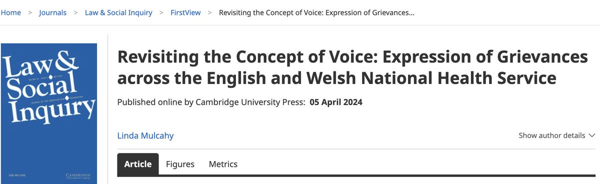 Law & Social Inquiry (@lsi_journal) on Twitter photo Voicing grievances activates legal rights. In LSI’s #firstview article, <a href="/LindaMulcahy7/">Professor Linda Mulcahy</a> (<a href="/OxfordCSLS/">Oxford Centre for Socio-Legal Studies</a>) studies the NHS to raise questions around what motivates people to articulate their concerns in formal settings, independent of claims for recompense. bit.ly/3YgcWGE Voicing grievances activates legal rights. In LSI’s #firstview article, <a href="/LindaMulcahy7/">Professor Linda Mulcahy</a> (<a href="/OxfordCSLS/">Oxford Centre for Socio-Legal Studies</a>) studies the NHS to raise questions around what motivates people to articulate their concerns in formal settings, independent of claims for recompense. bit.ly/3YgcWGE