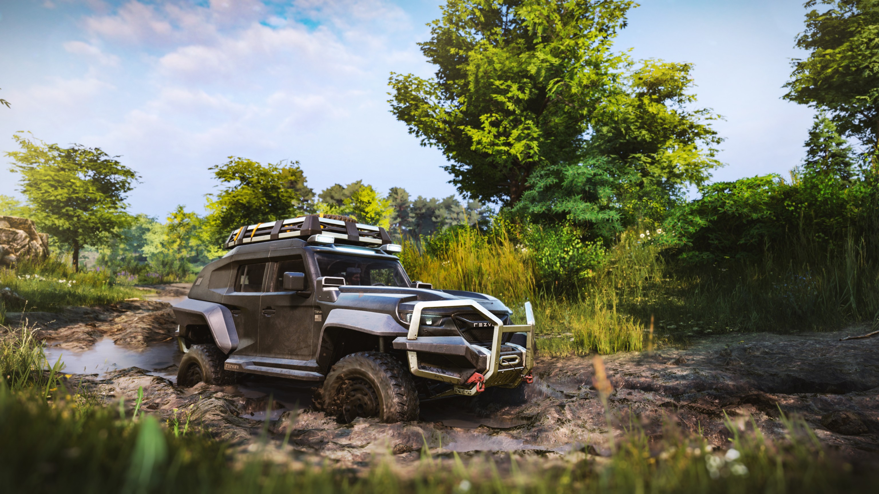 SnowRunner. This image showcases the Rezvani Tank. We can see the truck rolling through the mud. It's a rocky environment, with lots of leaves and trees all around. It's sunny, but also cloudy. 