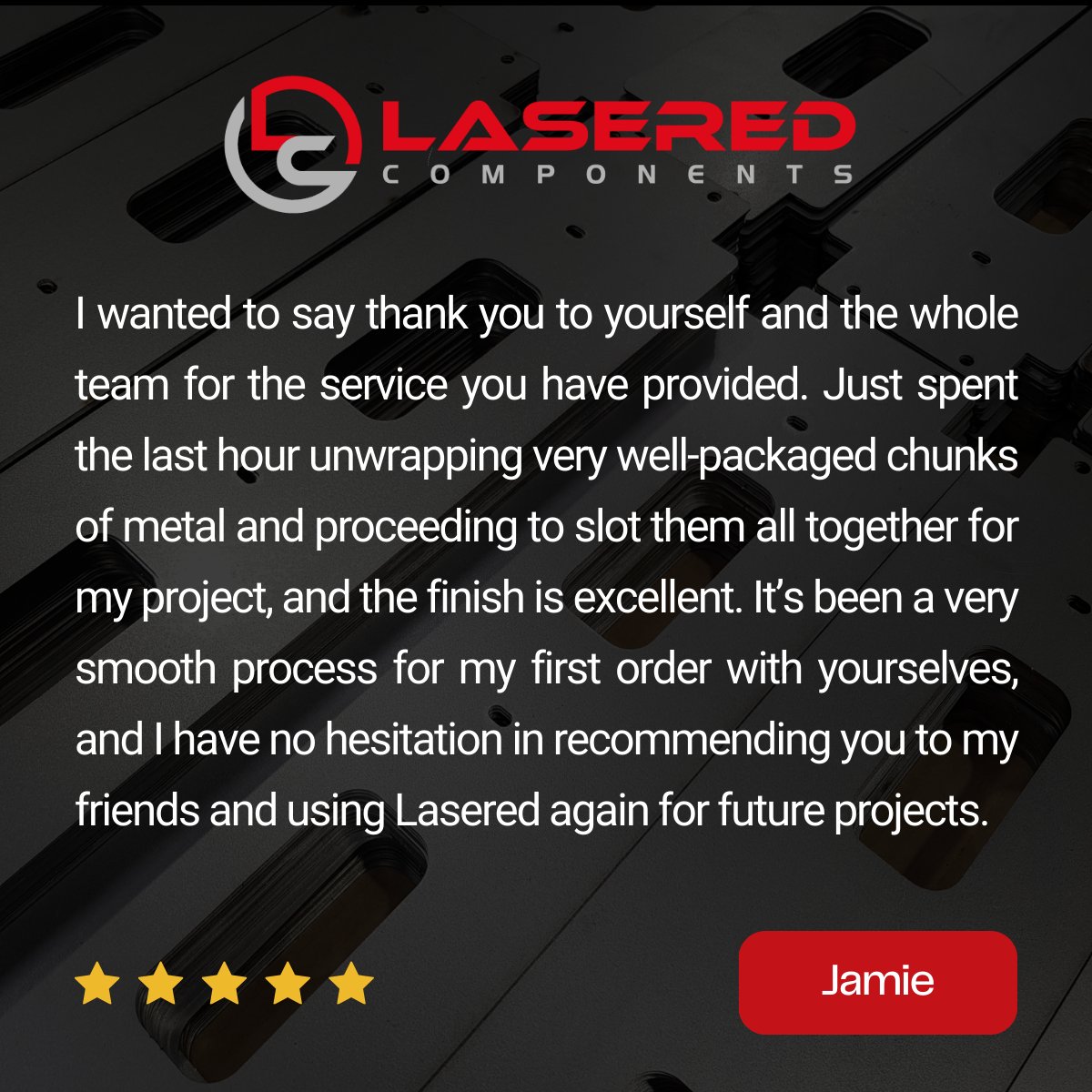LASEREDC's tweet photo. We are always extremely happy when customers send us feedback ⭐! Well done to the Lasered Components Limited team for continuing to provide an excellent service to all of our customers🤩.

Need a quote from our experts?
https://t.co/r0tK7va9sH
01376 327182 https://t.co/895KOHsHZR