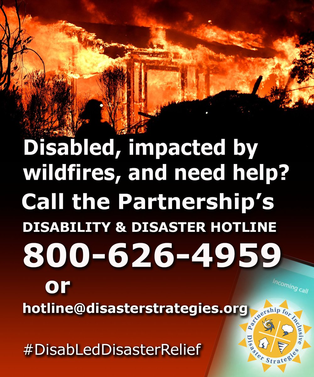 Disabled, impacted by wildfires, and need help? ¿Discapacitade y afectade por incendios, necesita ayuda?

Call (llamenos)/text our Disability &amp; Disaster Hotline
800.626.4959
Email at hotline@disasterstrategies.org

#Disabled #Wildfires  #California #Oregon #Utah #Washington
