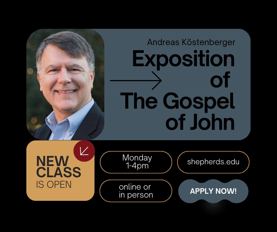 We are honored to have Dr. Köstenberger join us to teach the Gospel of John. He is a world renown scholar that specializes in the fourth Gospel. Find out more, see other classes offered, or apply at shepherds.edu.