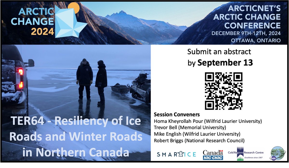 ReSEC_WLU's tweet photo. Join us at the @ArcticNet conference for session TER64 on "Resiliency of Ice Roads and Winter Roads in Northern Canada." Submit your abstract by September 13! We look forward to seeing you there! #ReSECLab @SmartICE_Arctic #ArcticNet #NorthernCanada #IceRoads #WinterRoads https://t.co/83BvvvISte
