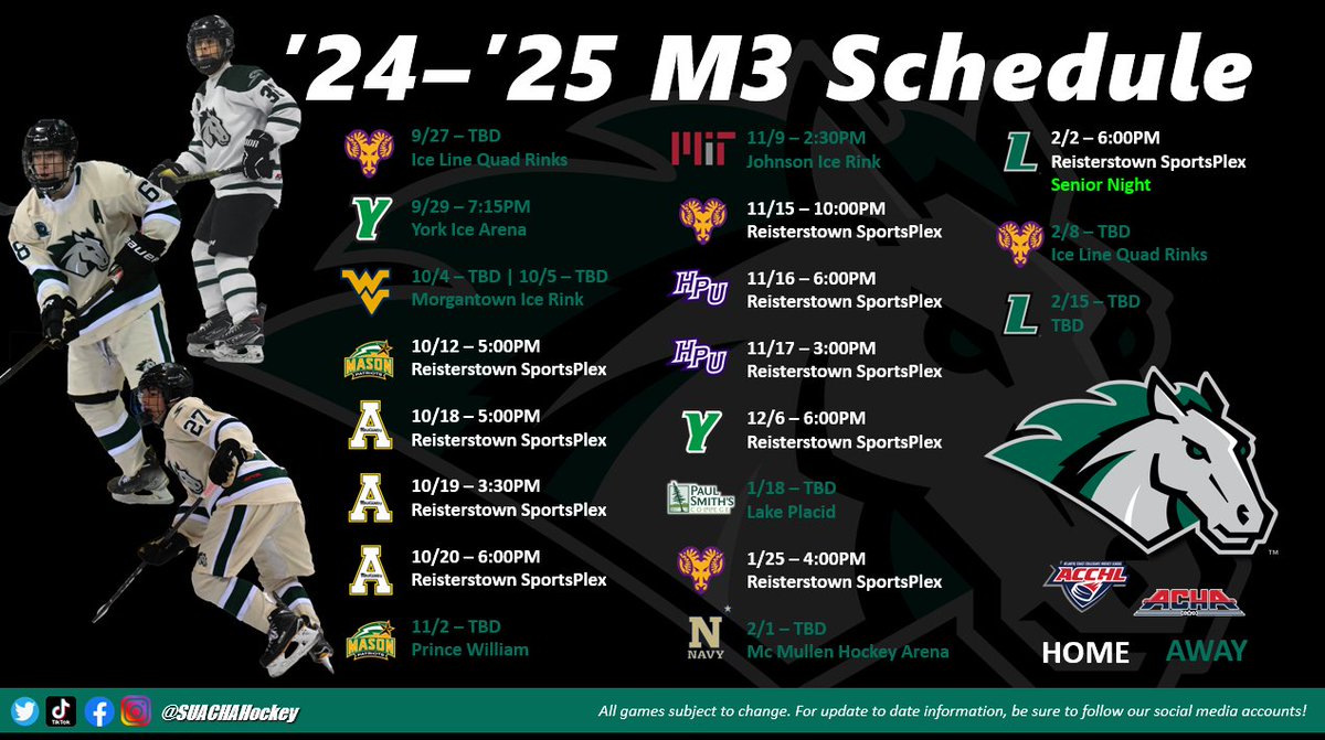 Initial M3 Schedule Drop!  

We are looking to schedule a couple more games and finalize all times and locations over the next few weeks.   

If any teams have changes, please contact Coach Hammer at dhammer2@stevenson.edu. 

#LL24 #family #greenhorses #rollstangs #collegehockey