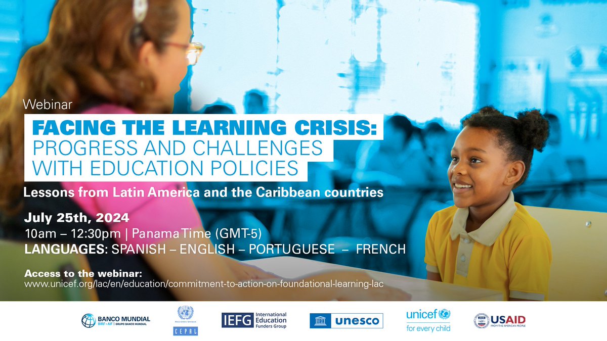 UNICEFEducation's tweet image. 🔴 Happening now!
Join 'Facing the learning crisis: progress and challenges with education policies. Lessons from Latin America and the Caribbean'.
Watch the livestream ➡️ youtube.com/watch?v=OaCKM1…
🗣️ English, Spanish, Portuguese, French