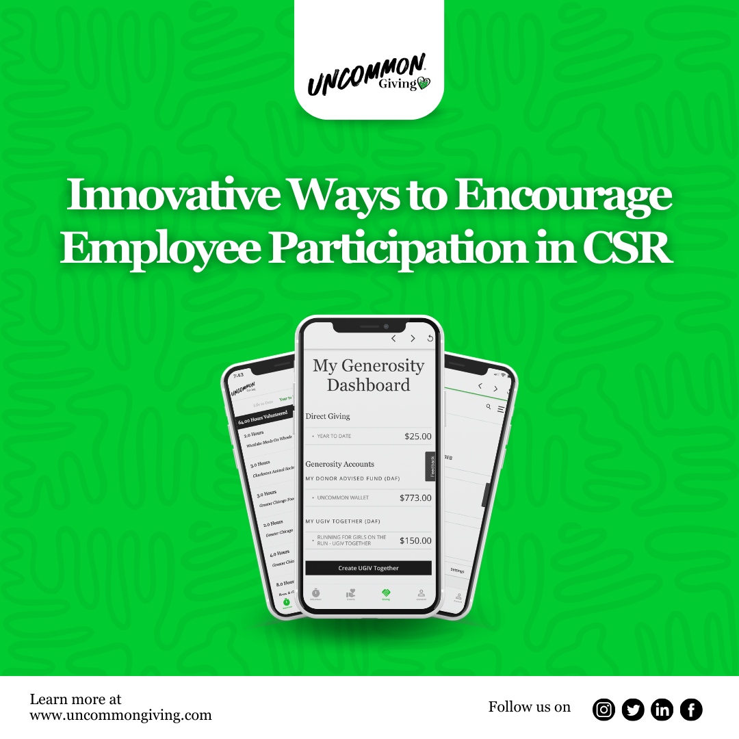 Boost employee participation in CSR! 🌟 Offer incentives, create team challenges, and integrate giving back into your company values. Uncommon Giving's platform makes it easy. 

#CSR #EmployeeEngagement #UncommonGiving