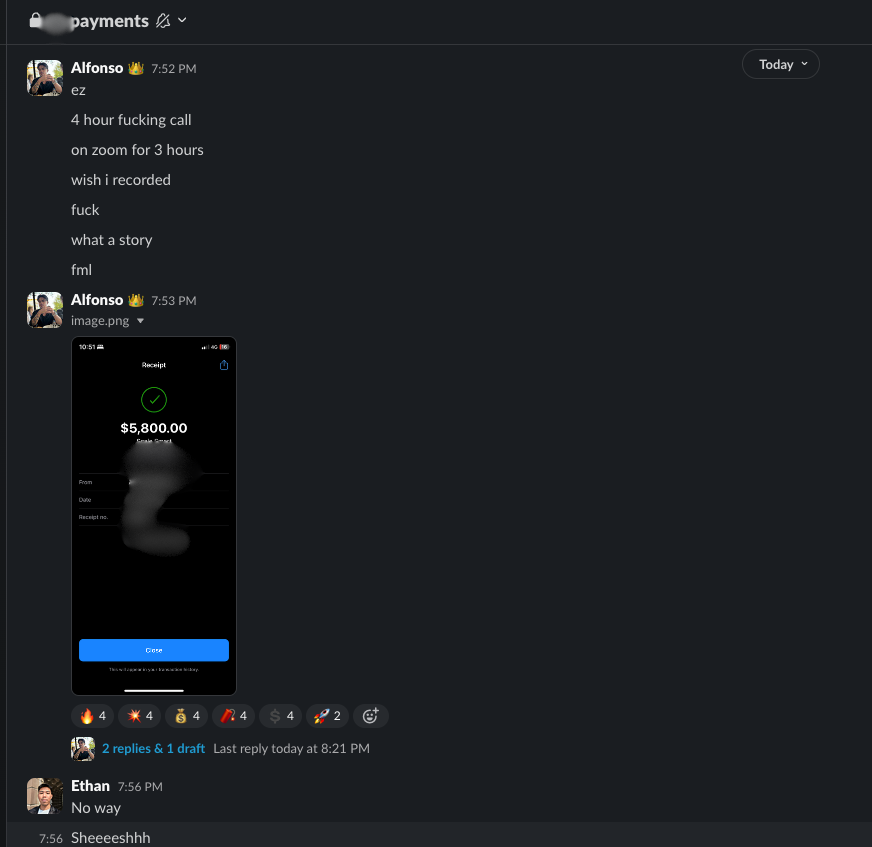 FonsyBa's tweet photo. I just had my longest-ever sales call by far.

4 hours total.

It PIFd.

My whole team listened to the call live. My offer owner was screen sharing and shadowing it for the entire team to watch live. 

@jax_dethierry, @Kashi__Nair and more killers were all listening.

I could see the profile on close CRM that they were watching.

There was no option but for me to close.

The pressure was on.

This prospect was fucking irrational.

A muppet.

Absurd.

Laughable.

She had fuck tons of red flag and shit identities. 

Very nervous.

0 self belief.

Thinking it's too easy and too good to be true.

I felt I handled all of that and after digging deep in pain for 40 minutes, she had a moment of realisation that she's fucked and knows change is needed right now.

I thought my discovery and pitch were on point tbh but probably not because of the outcome.

After the pitch, I was answering questions for 15+ minutes and all I wanted was to drop the price and go for the close.

Keep in mind everyone was listening.

I had to be 110% sharp with how I answered everything.

Can't be ghey.

After price drop the fear objections showed and about 1.5 hours in, we switched it to Zoom and at that point, my team couldn't listen in anymore.

I was getting slack messages from everyone asking me how it's going.

The rest of the call was reframing fear and answering every technical question I've ever heard on this offer.

Every question ever.

Fear objecting me the entire time.

I did some wildest shit to get the sale.

Showed her my personal bank account scrolling through it to show it's not an edited image.

Screen shared exactly what she was getting. 

Shared my screen as we both watched an interview together for 20 minutes.

Watched a bit of the VSL together.

Showed her pictures of me and the offer owner together.

Endless reframes and analogies to calm her nerves.

Constantly telling her to process the investment to start onboarding after handling the objection then staying silent....... 
before she'd object again.

That went on for about 2 hours.

Guys on Slack tagging me to complete my admin.

But I wasn't gonna fucking give up after all that I went through.

After a few reframes I finally got the commitment.

She paid.

PIF

She thanked me so much.

She felt so relieved. 

I'm so glad she can sleep tonight knowing she did everything she needed to do to put herself in the best position to crush her goals.

It definitely shouldn't have taken this long but fuck me.

Idk if that was even worth it cunt.

Part of me thinks that it wasn't even worth it to handle a prospect like that. 

It's been refreshing to finally have more killers on my team.

You must lift your standards and can't fumble anything.

I wish I recorded the zoom call. 

Would be a funny story one day.
