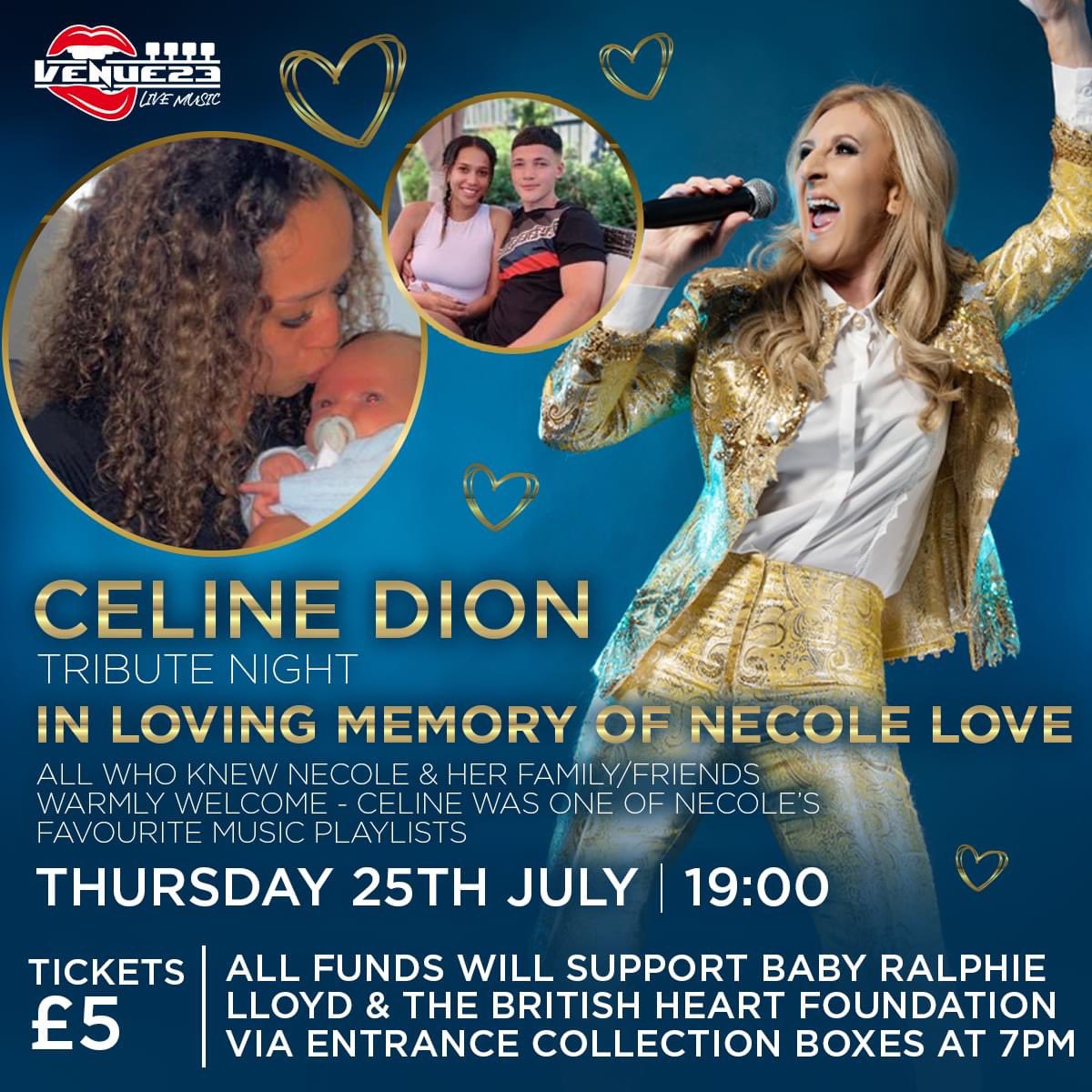 Join us for a heartfelt evening in loving memory of Nicole Love ❤️

Lisa Harter performs an extraordinary tribute to the Celine Dion! ✨

All ticket proceeds go towards supporting baby Ralphie Lloyd and The British Heart Foundation 
Tickets 👉 ticketsource.co.uk/whats-on/wakef…