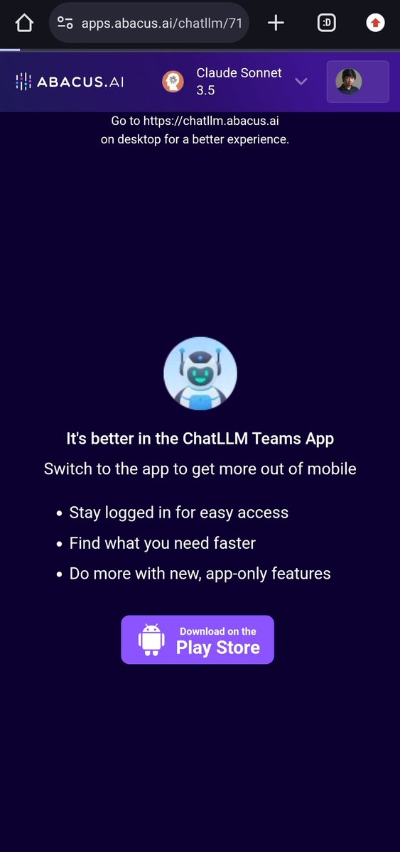 alrick3000's tweet photo. @bindureddy Please don't force us to use the ChatLLM Android app on mobile. It lacks many basic functionality including the use of custom bots which is among your strongest unique selling propositions. https://t.co/O2cXv9sJf6