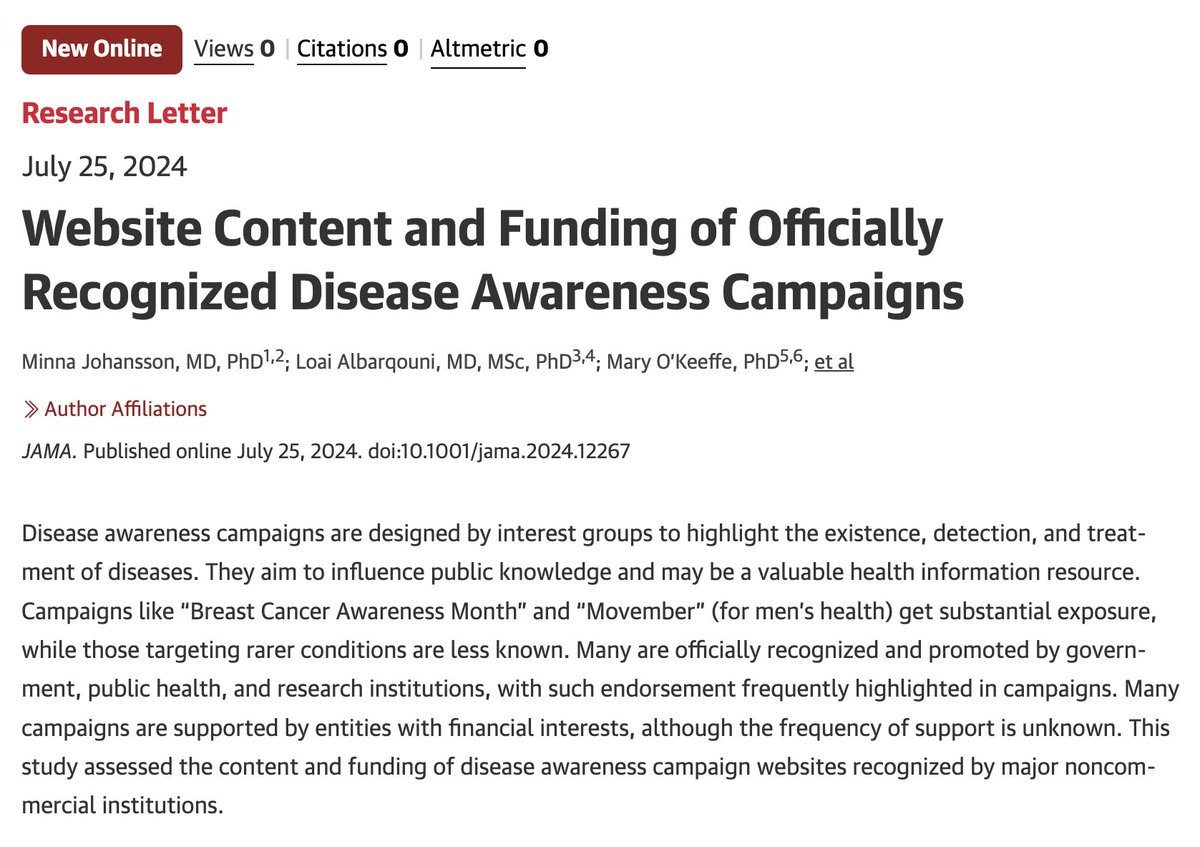 Check out or paper in <a href="/JAMA_current/">JAMA</a> today! Officially recognized disease awareness campaigns were more promotional than informative; highlighting benefit much more than harm; 73% had commercial involvement but rarely disclosed this clearly (1/2)

jamanetwork.com/journals/jama/…