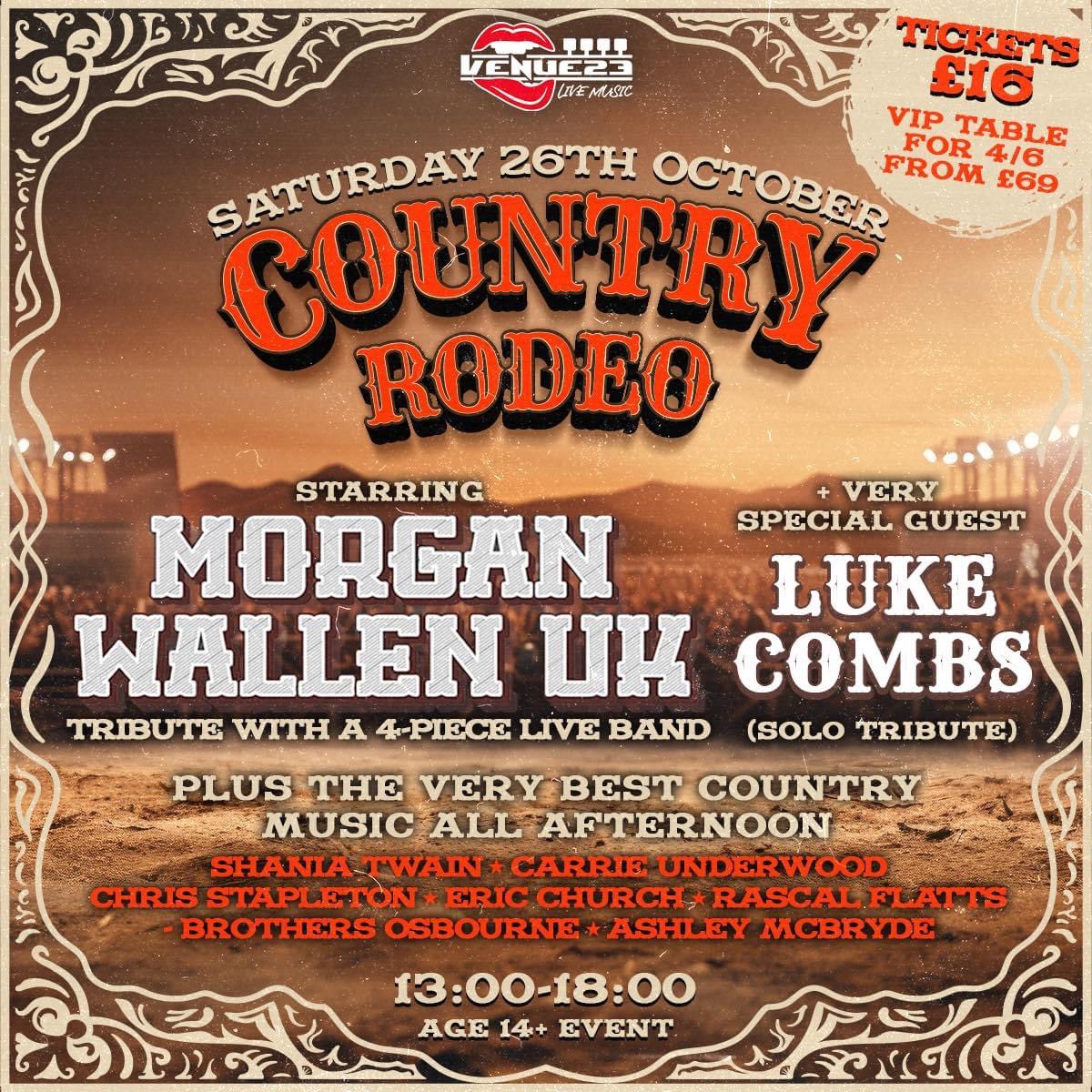 Saturday 26th October 13.00-18.00 featuring FULL LIVE BAND show from Morgan Wallen U.K and Luke Combs (solo tribute).
Early bird tickets £16 with very LIMITED V.I.P tables for 4/6 including tickets from £69. Tickets (age 14 plus) -
ticketsource.co.uk/whats-on/wakef…