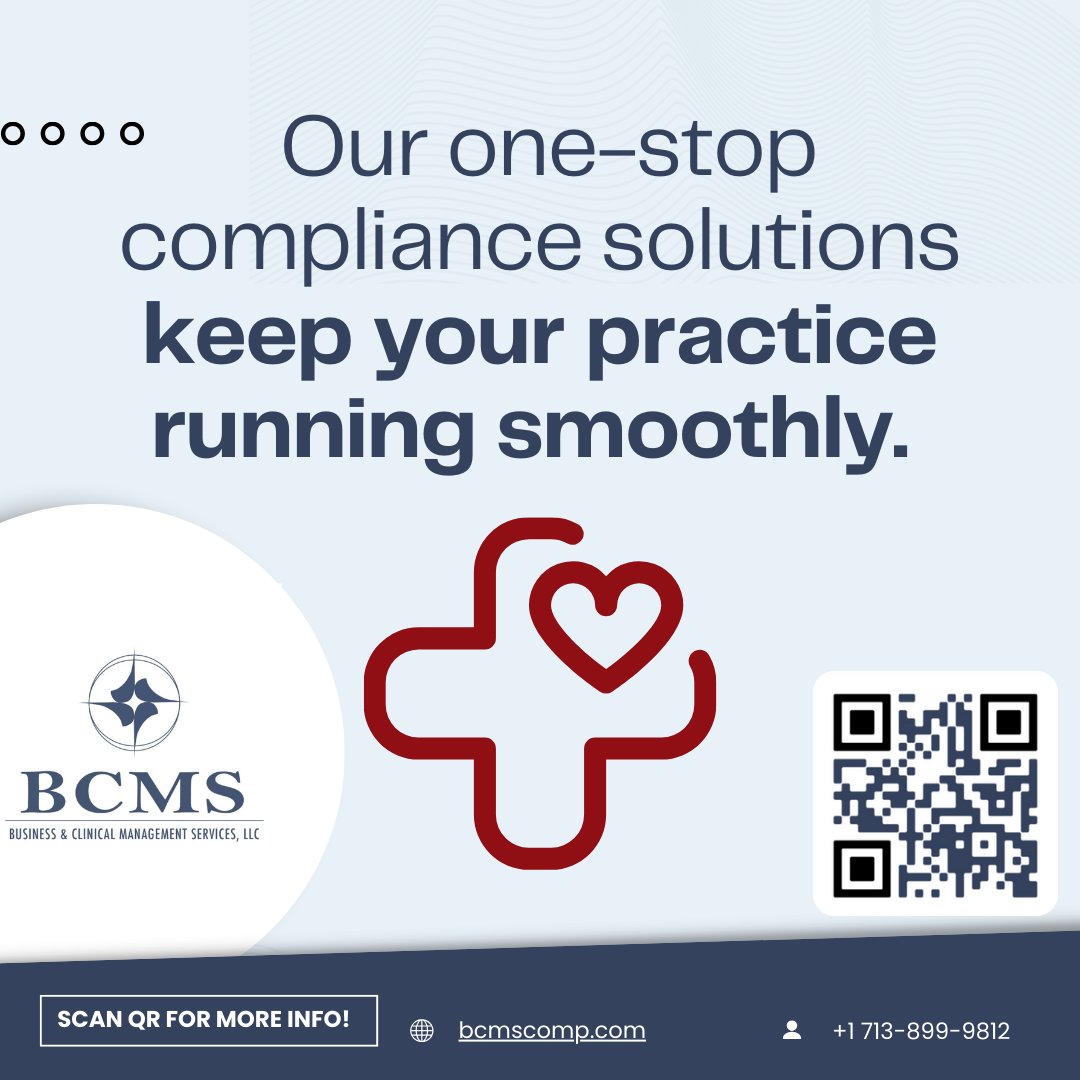 Business & Clinical Management Services, LLC (@bcmscomp) on Twitter photo Scan our QR code or visit our website to book our "Free Outpatient Therapy Compliance Program Overview"
loom.ly/r34xXZc
Business & Clinical Management Services
📲 (713) 899-9812
✉️ nevinsa@bcmscomp.com
🌐bcmscomp.com Scan our QR code or visit our website to book our "Free Outpatient Therapy Compliance Program Overview"
loom.ly/r34xXZc
Business & Clinical Management Services
📲 (713) 899-9812
✉️ nevinsa@bcmscomp.com
🌐bcmscomp.com