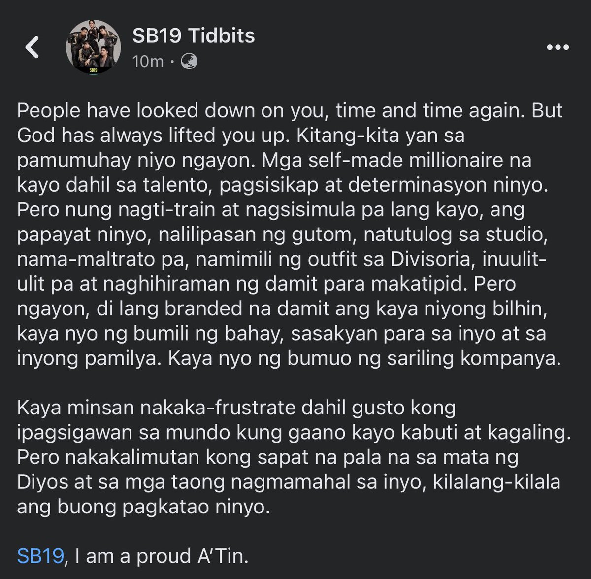 DaleSB19's tweet photo. Naiiyak ako. Ngayon lang ako proud na proud na naging isang fan. Dahil iba kayo.
#SB19 @SB19Official https://t.co/cPZXl969U1