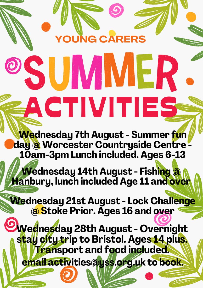 YSS (@officialyss) on Twitter photo Attention young carers! Check out our summer activities, now available to book. Email activities@yss.org.uk to book your place.
Be quick as these are sure to be popular!!
#Worcestershire #Youngcarers #Activities #Summer Attention young carers! Check out our summer activities, now available to book. Email activities@yss.org.uk to book your place.
Be quick as these are sure to be popular!!
#Worcestershire #Youngcarers #Activities #Summer