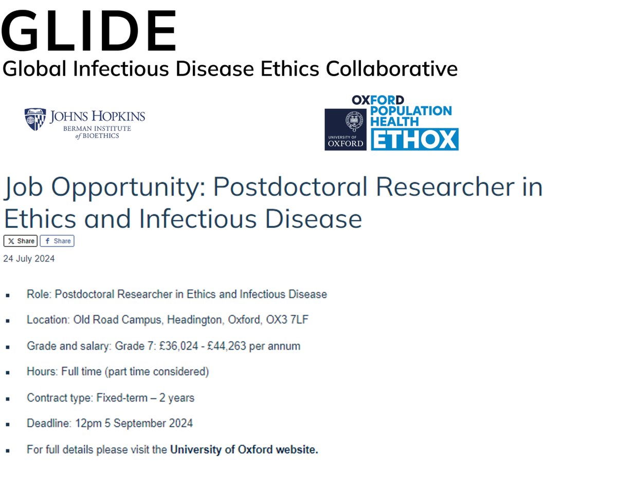 Ethox Centre (@ethox_centre) on Twitter photo #Job opportunity! <a href="/Ethox_Centre/">Ethox Centre</a> is recruiting a Postdoctoral Researcher in Ethics & Infectious Disease - working with <a href="/GblBioethics/">Oxford-Johns Hopkins Global Health Ethics</a> <a href="/bermaninstitute/">Johns Hopkins Berman Institute of Bioethics</a> <a href="/PSIOxford/">Pandemic Sciences Institute</a> . Deadline 5 Sept. Details ⬇️⬇️
ethox.ox.ac.uk/news/job-oppor…
<a href="/Oxford_NDPH/">Oxford Population Health (OxPop)</a> <a href="/OEH_Oxford/">Oxford Ethics + Humanities</a> <a href="/OxMedHum/">Oxford Medical Humanities</a> #Job opportunity! <a href="/Ethox_Centre/">Ethox Centre</a> is recruiting a Postdoctoral Researcher in Ethics & Infectious Disease - working with <a href="/GblBioethics/">Oxford-Johns Hopkins Global Health Ethics</a> <a href="/bermaninstitute/">Johns Hopkins Berman Institute of Bioethics</a> <a href="/PSIOxford/">Pandemic Sciences Institute</a> . Deadline 5 Sept. Details ⬇️⬇️
ethox.ox.ac.uk/news/job-oppor…
<a href="/Oxford_NDPH/">Oxford Population Health (OxPop)</a> <a href="/OEH_Oxford/">Oxford Ethics + Humanities</a> <a href="/OxMedHum/">Oxford Medical Humanities</a>