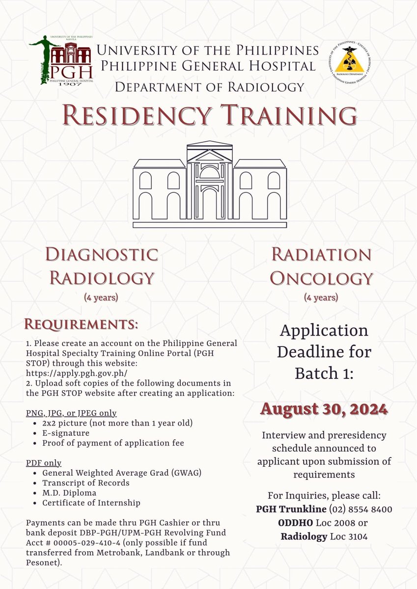 uppghradio's tweet photo. We are again inviting service-oriented aspiring radiologists and radiation oncologists to our Philippine College of Radiology-accredited residency programs.

4-Year Residency Training Programs:
- Diagnostic Radiology
- Radiation Oncology

Deadline for Batch 1: August 30, 2024 https://t.co/4b1NJYUsvj