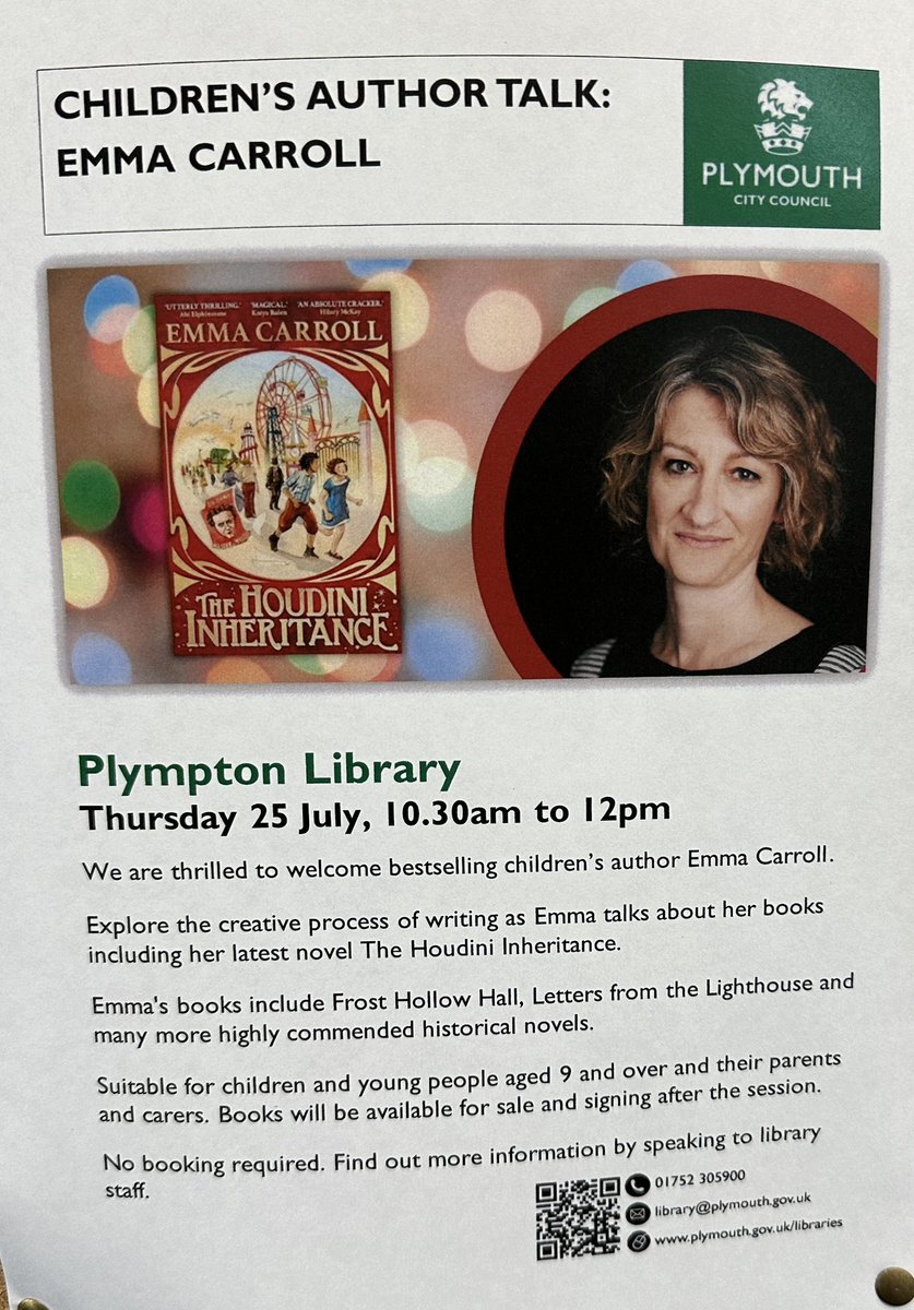 Wonderful to meet @emcarrollauthor at Plympton library this morning and hear her talk about her latest book ‘The Houdini Inheritance’.  If you or your children love historical fiction,  check out this or her other MG books for 9-12 yr olds.
