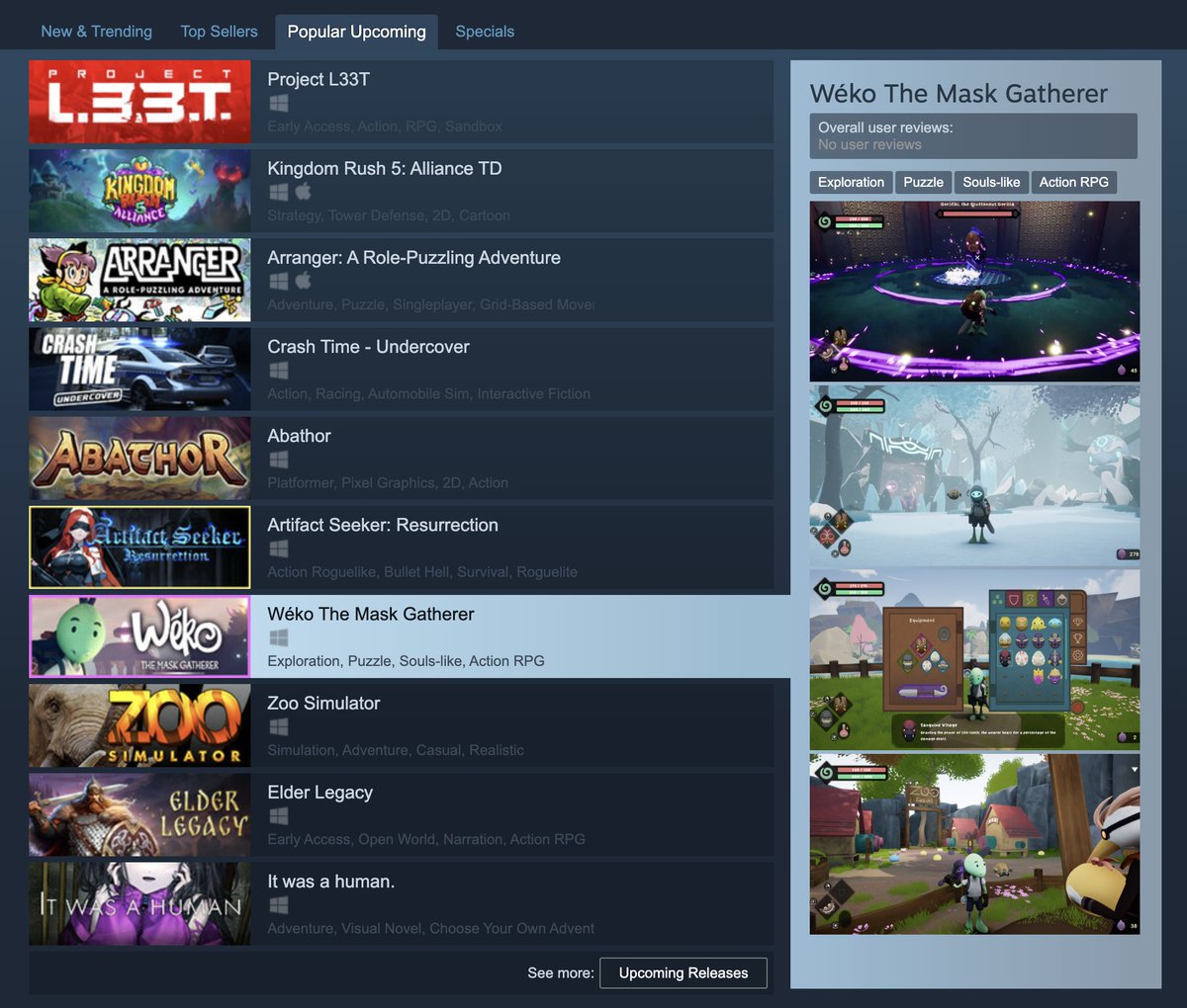 We're ✨ so excited ✨ to see <a href="/Wekoproject/">🐸Wéko ➡ 📍OUT NOW!</a> on Steam's "Popular Upcoming" list, ahead of the launch tomorrow!

We're sending keys out to content creators soon, so 👉 tag your favourite creators 👈 if you think they'll enjoy a cozy-but-challenging open world adventure! 

Creators: