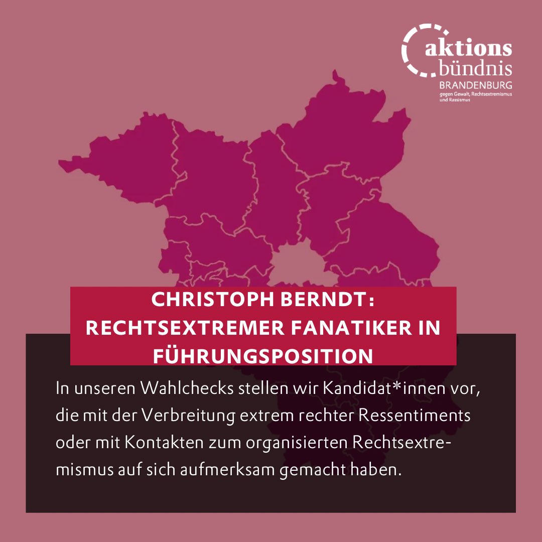 ab_brandenburg's tweet photo. Der Brandenburger Spitzenkandidat Christoph Berndt steht für den 
radikalen Kurs, den die AfD in Brandenburg seit vielen Jahren 
eingeschlagen hat: Rechtsextreme Ideologie, Systemfeindschaft, 
Bewegungspartei.

https://t.co/wPKEfOwOU1 https://t.co/PSUBRRcPW8
