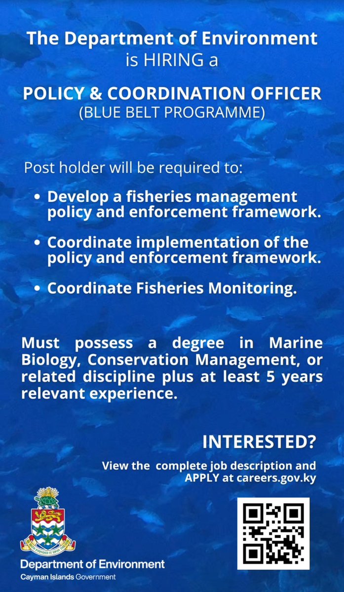 Laura Richardson (@richardson_le) on Twitter photo 🔔EPIC JOB ALERT: <a href="/doecayman/">Cayman Islands Department of Environment</a> is hiring for <a href="/ukgovbluebelt/">Blue Belt Programme</a> programme. Highly competitive expert in fisheries management needed to develop coordinated offshore fisheries management policy for the Cayman Islands. 2 yr role. INTERESTED? Apply by 9 Aug 2024 (get in there before I do!) 🔔EPIC JOB ALERT: <a href="/doecayman/">Cayman Islands Department of Environment</a> is hiring for <a href="/ukgovbluebelt/">Blue Belt Programme</a> programme. Highly competitive expert in fisheries management needed to develop coordinated offshore fisheries management policy for the Cayman Islands. 2 yr role. INTERESTED? Apply by 9 Aug 2024 (get in there before I do!)