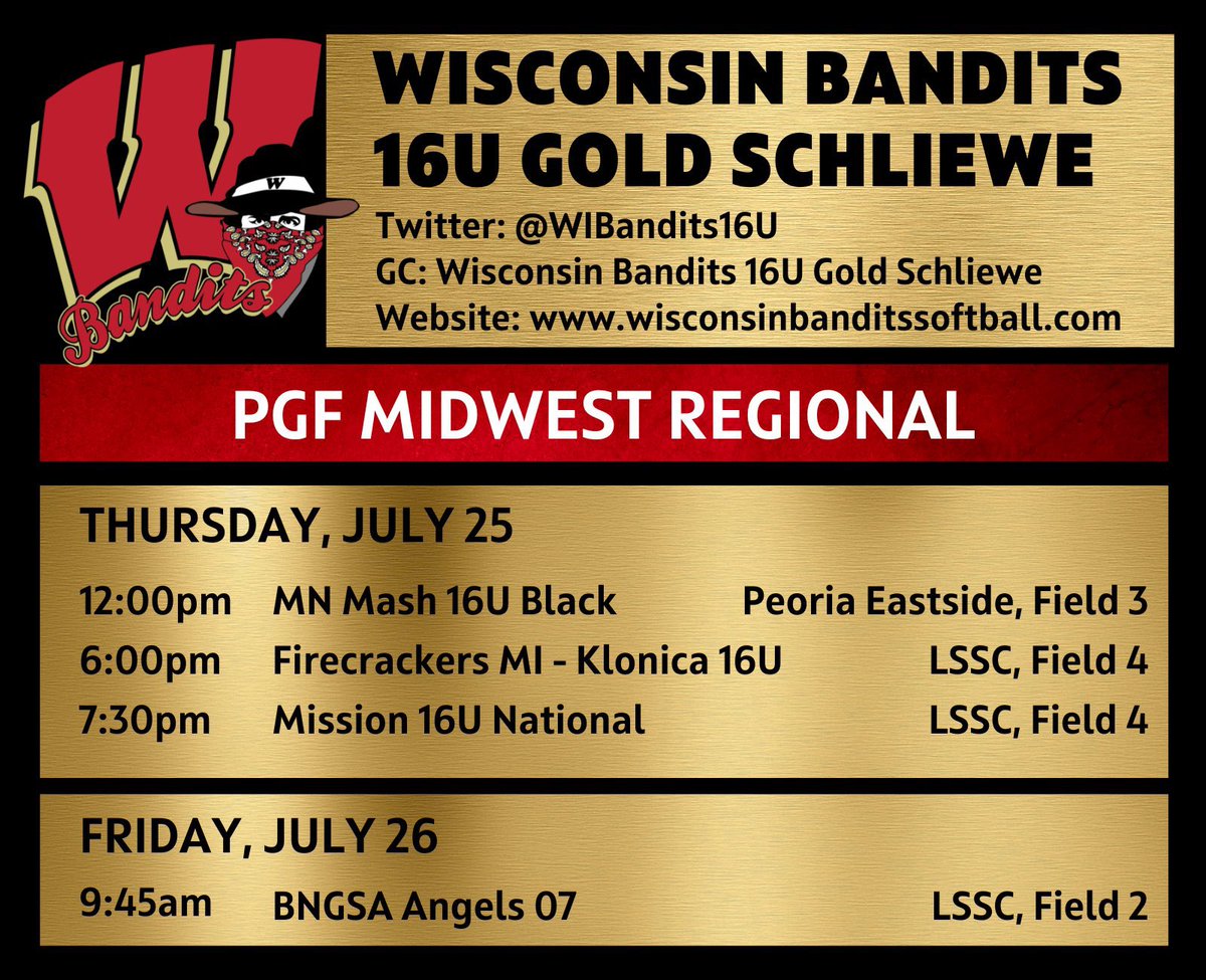 Excited for my last tournament of the summer at the PGF Midwest Regionals in Peoria. Here is my schedule: 
<a href="/LUCCoachAbbott/">Alicia Abbott</a> <a href="/CoachPena_BSU/">Helen Peña</a> <a href="/BradleySoftball/">Bradley Softball</a> <a href="/Coach_MGardner/">Michelle Gardner</a> <a href="/CoachAmberPFW/">Amber Bowman</a> <a href="/skubuske/">Sara Kubuske</a> <a href="/2Ganeff/">Kris Ganeff</a>