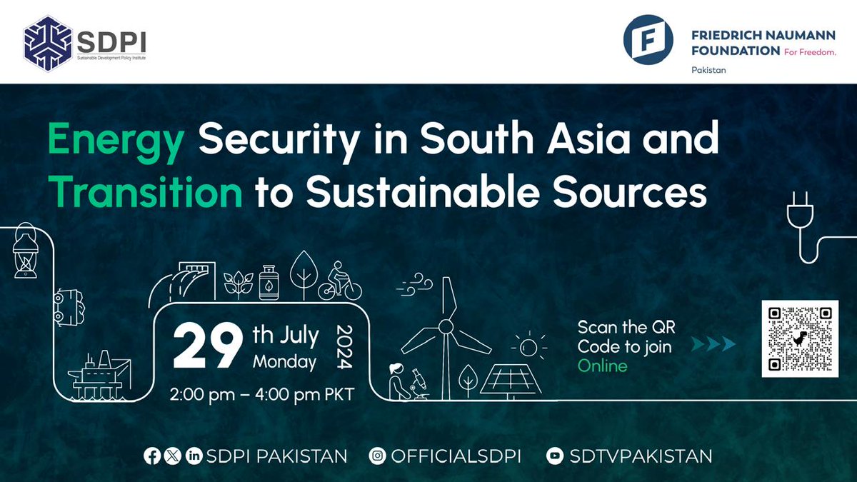 SDPI (@sdpipakistan) on Twitter photo 🔋🌏 Upcoming Seminar: "Energy Security in South Asia and Transition to Sustainable Sources" 🌱🔋
SDPI in collaboration with <a href="/FNFPakistan/">FNFPakistan</a> is organising an insightful seminar on the challenges and opportunities in achieving energy security in South Asia while transitioning to 🔋🌏 Upcoming Seminar: "Energy Security in South Asia and Transition to Sustainable Sources" 🌱🔋
SDPI in collaboration with <a href="/FNFPakistan/">FNFPakistan</a> is organising an insightful seminar on the challenges and opportunities in achieving energy security in South Asia while transitioning to