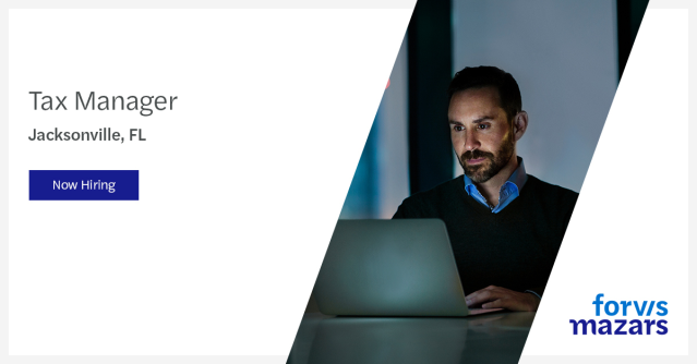 AprilLArnold's tweet photo. Explore how our growing tax team in Jacksonville can help you achieve your career goals as a tax manager! Let’s connect and we’ll show you how you can build a remarkable career at Forvis Mazars. https://t.co/XbH3WJNioh https://t.co/bERwbgAyR8