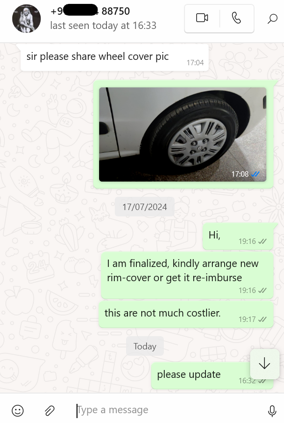dynamic_pra's tweet photo. #Hyundai 
worst experience at @hans_hyundai, had Santro Car for Service, on 17/Jun, got delivered on 19th, billed 19473INR. 2 part were missed 16GB Pendrive and Tyre Cover. after many followup no update about tyre-cover. https://t.co/ljUa0fEvCb