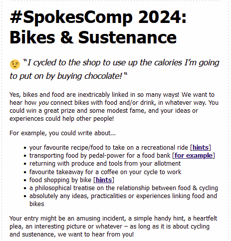 SpokesLothian's tweet image. #SpokesComp 2024
🚲🚲🍌🥕🍕☕️🥮

🙋‍♀️Our big summer 2024 competition
"Cycling &amp;amp; Sustenance"

🙋‍♀️Tell us .. anything at all about food &amp;amp; cycling!

HERE--&amp;gt;spokes.org.uk/2024/07/spokes…

🙋‍♀️Great prizes [full list soon] include:
@scotrail tickets; #CargoBike grants; cafe/bike/cinema vouchers