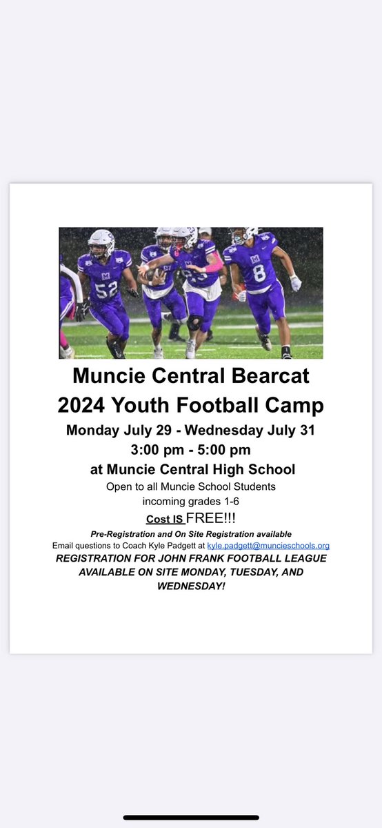 It’s about that time. Youth camp next week and JFFL REGISTRATION IS OPEN! John Frank will be returning to its roots w/ each elementary school fielding their own 3/4 &amp; 5/6 teams. We will have experienced coaches and licensed officials Spread the word! <a href="/MuncieCentralFB/">Muncie Central Football</a>