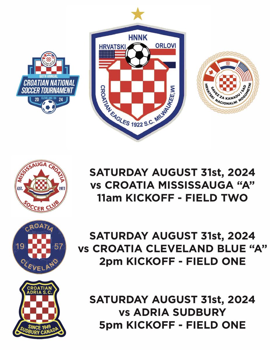 ICYMI - <a href="/HNNSavez/">HNNS</a> 60th Annual Tournament released the Tournament Groups and Saturday Schedule!   <a href="/CroatianEagles/">Croatian Eagles SC</a> find themselves in Group Play with Host Club: Croatia Cleveland, and Canadian sides: Adria Sudbury and Croatia Mississauga