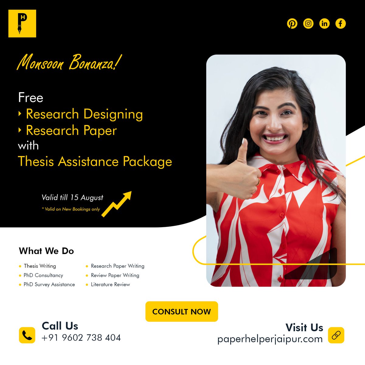 PaperHelperJPR's tweet photo. Our Monsoon Bonanza is LIVE!

Consult Now!
Call or WhatsApp: +91 9602 738 404
visit https://t.co/OukKR1YfB0

Other Services:
‣ Research Paper Writing
‣ Review Paper Writing/Editing
‣ Plagiarism Removal
‣ PhD Survey

#phd #phdlife #biotechnology #researchpaper #phdjourney https://t.co/H75IfoIrxD