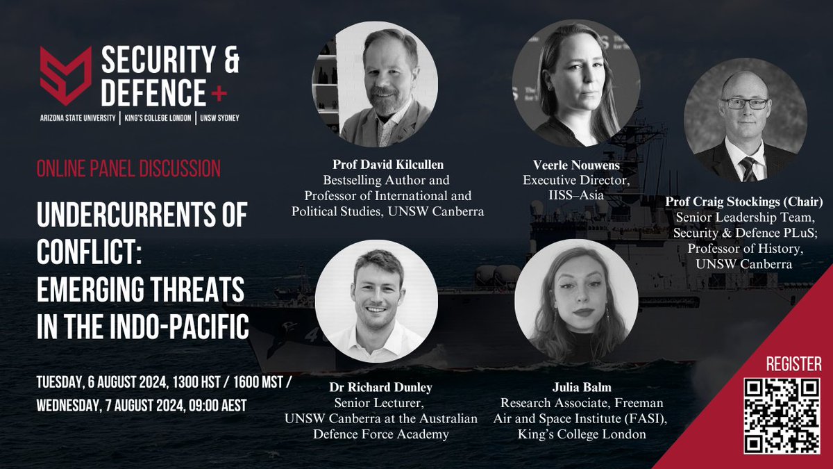 Security & Defence PLuS (@secdefenceplus) on Twitter photo 🗣️ Announcing the speakers for our online event, Undercurrents of Conflict: Emerging Threats in the #IndoPacific ⬇️
Prof David Kilcullen, <a href="/redunley/">Richard Dunley</a>, <a href="/VeerleNouwens/">Veerle Nouwens 温丽玉</a> (<a href="/IISS_org/">IISS News</a>), <a href="/Nuclear_Balm/">Julia Balm</a> (<a href="/freeman_air/">Freeman Air and Space Institute</a>), and Prof Craig Stockings (<a href="/UNSWCanberra/">UNSW Canberra</a>).
🔗: tickettailor.com/events/securit… 🗣️ Announcing the speakers for our online event, Undercurrents of Conflict: Emerging Threats in the #IndoPacific ⬇️
Prof David Kilcullen, <a href="/redunley/">Richard Dunley</a>, <a href="/VeerleNouwens/">Veerle Nouwens 温丽玉</a> (<a href="/IISS_org/">IISS News</a>), <a href="/Nuclear_Balm/">Julia Balm</a> (<a href="/freeman_air/">Freeman Air and Space Institute</a>), and Prof Craig Stockings (<a href="/UNSWCanberra/">UNSW Canberra</a>).
🔗: tickettailor.com/events/securit…