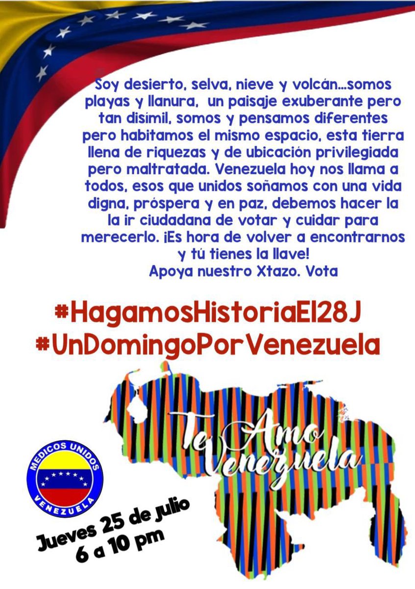 MUVvargas's tweet photo. Nos llegó la hora de demostrar arraigo, compromiso y amor a Venezuela. Lleg�� el momento de plasmar nuestra esperanza y ganas de un mejor futuro
Este #28J es el gran día de todos los Venezolanos 

*#UnDomingoPorVenezuela*
*#HagamosHistoriaEl28J* https://t.co/upEyuURpAE