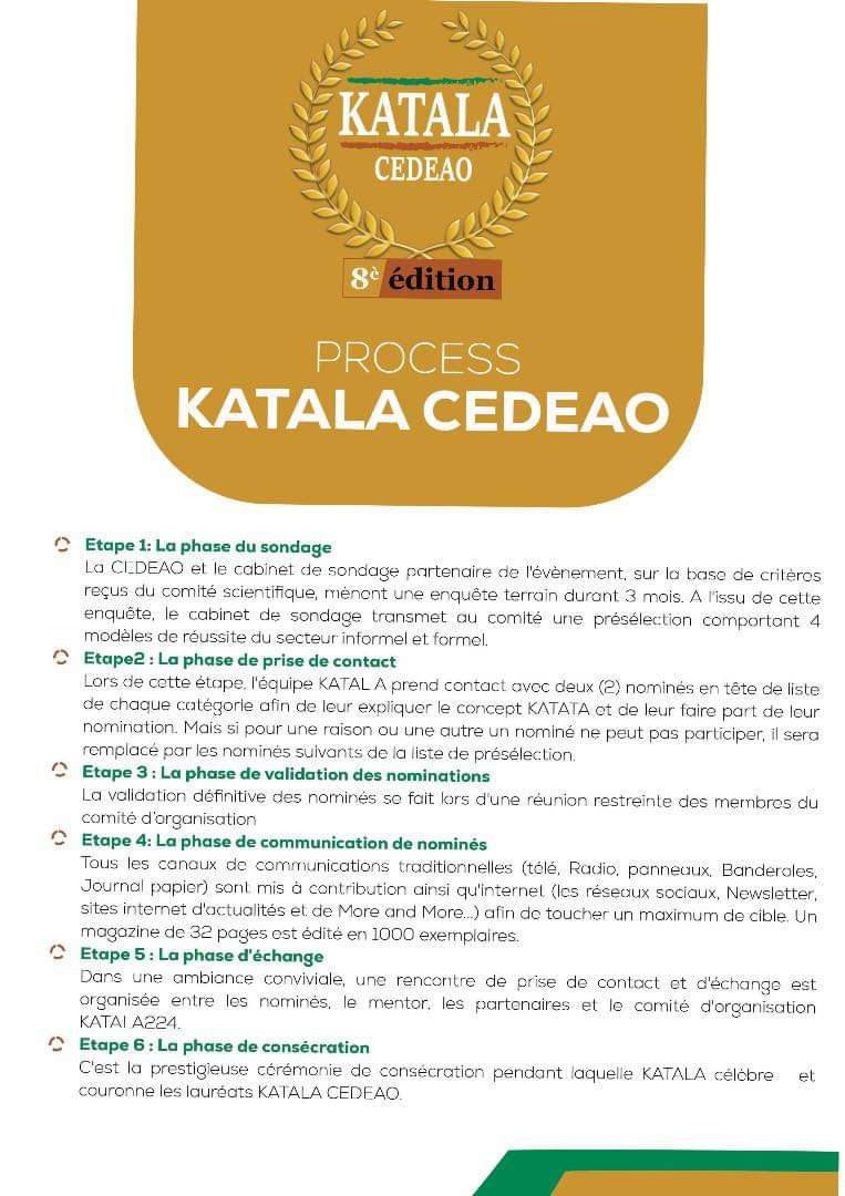 [𝐂𝐎𝐌𝐏𝐑𝐄𝐍𝐃𝐑𝐄 𝐋𝐄 𝐊𝐀𝐓𝐀𝐋𝐀]

Voici en image écrite, comment nous procédons à chaque éditions, la sélection rigoureuse des talents régionaux jusqu’à la prestigieuse cérémonie de consécration des heureux Katala CEDEAO de l’année.

#𝐊𝟐𝟒
#𝐊𝐀𝐓𝐀𝐋𝐀
👇👇👇