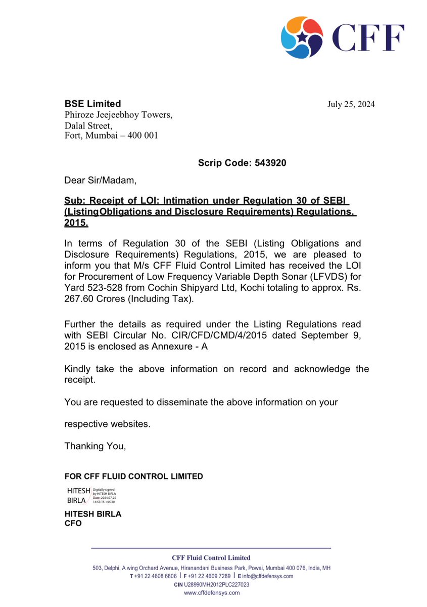 Anvith_'s tweet image. #CFF #CFFfluidControl ⛴️🚀

CFF Fluid Control received order worth ₹267.60 crores from Cochin Shipyard Ltd, Kochi.