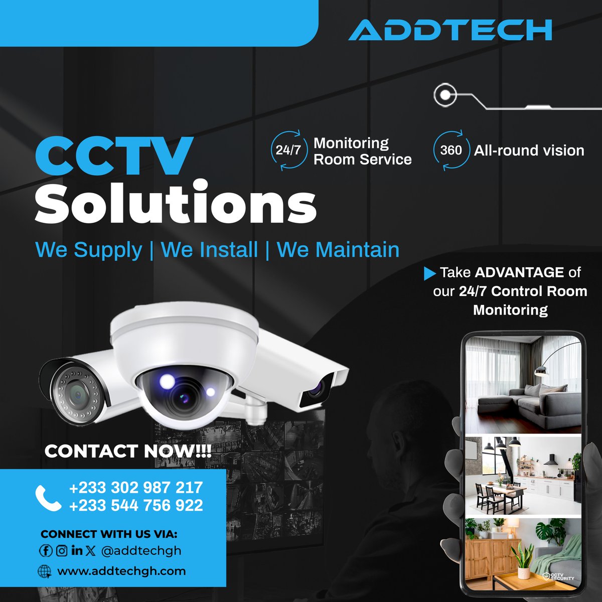 AddtechLimited's tweet image. Secure your premises with ADDTECH&apos;s top-notch CCTV solutions. We supply, install, and maintain. Enjoy 24/7 monitoring and all-round vision. Contact us now! 📞 +233 302 987 217 | +233 544 756 922 #Security #CCTV #ADDTECH