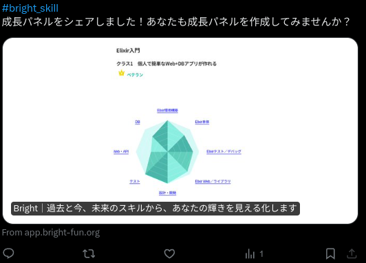 Bright_skill's tweet photo. 入力したスキルが「スキルジェム」としてレーダーチャート式にSNS共有できるようになりました。
学習のモチベーションを高めるためのご活用ください。

#適職診断
#bright_skill

▼スキル判定を試してみる
https://t.co/UC7LRtqpXM https://t.co/NW5XNJK0hd