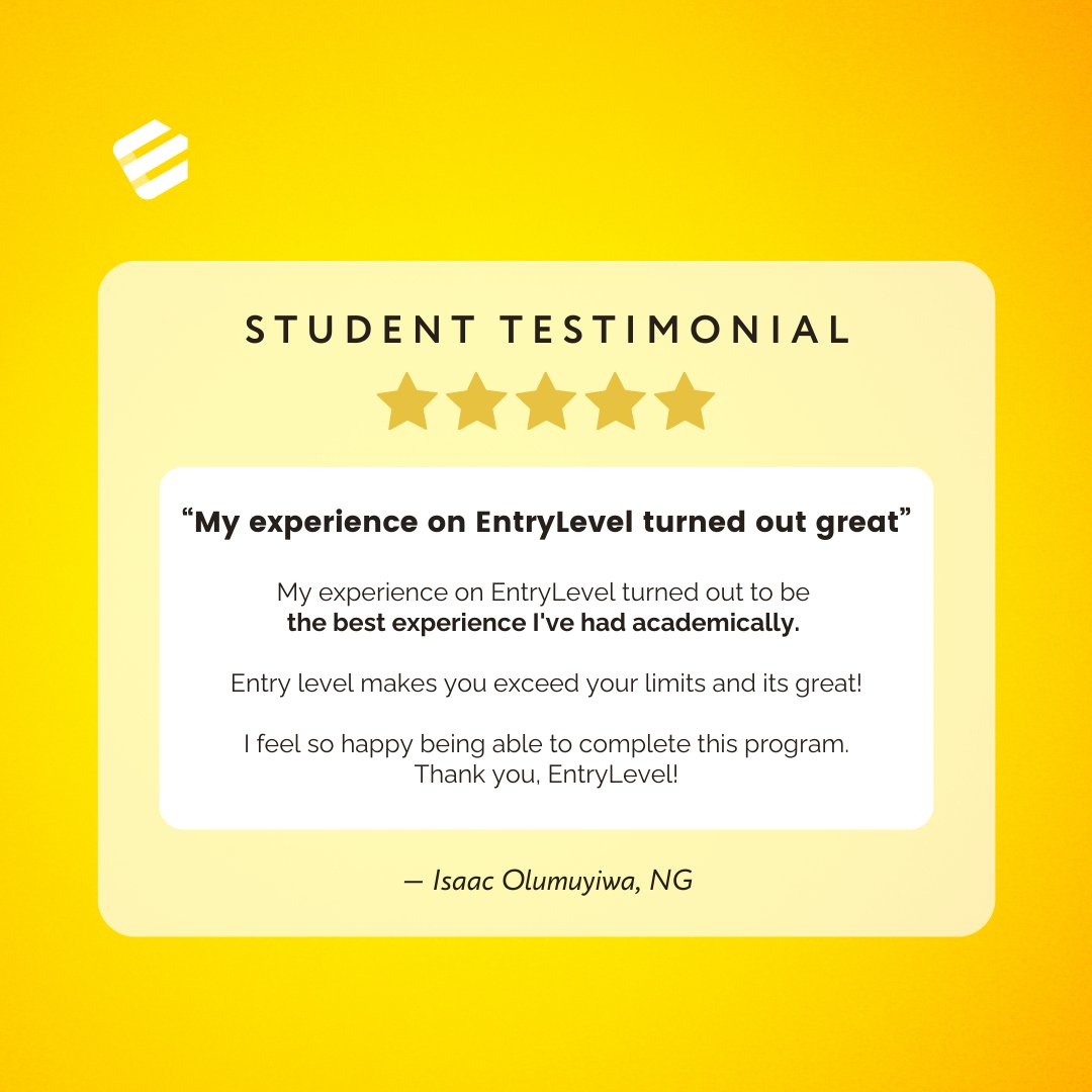 EntryLevelNet's tweet image. You read it right. 👀
Isaac's academic journey reached new heights with EntryLevel. He found our program to be the best academic experience, pushing him beyond his limits!
Ready to exceed your expectations?
Join EntryLevel today!
👉 entrylevel.net