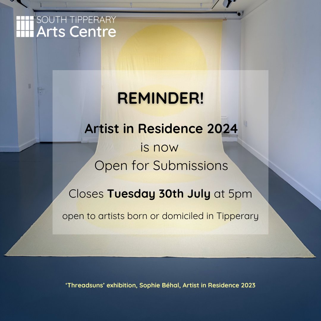 SouthTippArts's tweet image. REMINDER to all contemporary artists born or domiciled in Tipperary - our Artist in Residence programme is open for submissions until next Tuesday 30th July at 5pm.

Follow our link in bio for full details on how to apply.