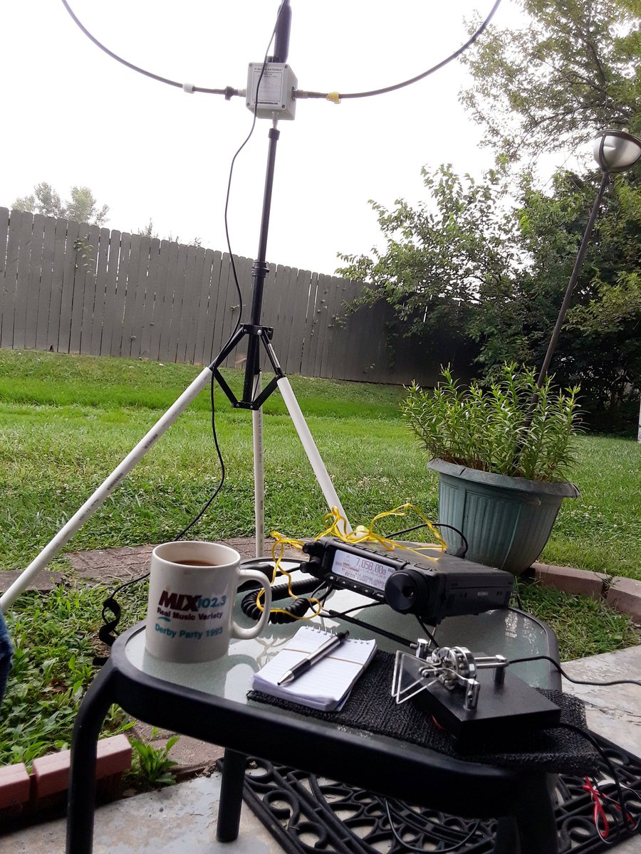 N4JAW's tweet photo. Early morning patio #amateurradio #hamradio. The hunted is now the hunter. #cw #morsecode #ssb #pota #parksontheair #sota #summitsontheair #ft891 #alphamagloop #bencherpaddle https://t.co/wgtzZZD7Z5