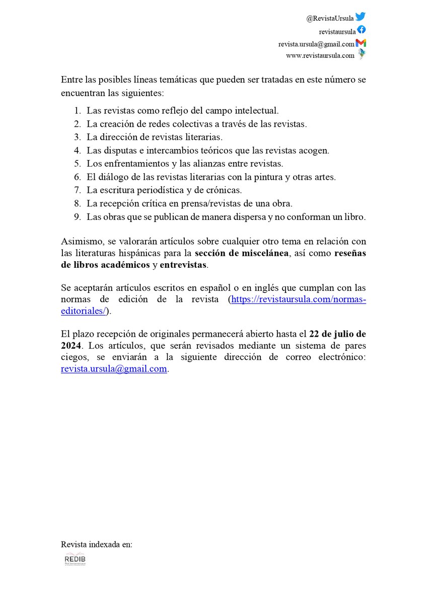 RevistaUrsula's tweet photo. 🚨CFP AMPLIADO HASTA EL 15 DE SEPTIEMBRE 2024 🚨
📚 Revista especializada en la investigación sobre literatura en español 
1️⃣Sección "Las revistas literarias y las disputas culturales" + 
2️⃣Sección miscelánea sobre cualquier tema de la literatura en español https://t.co/ZjITZrJy5t