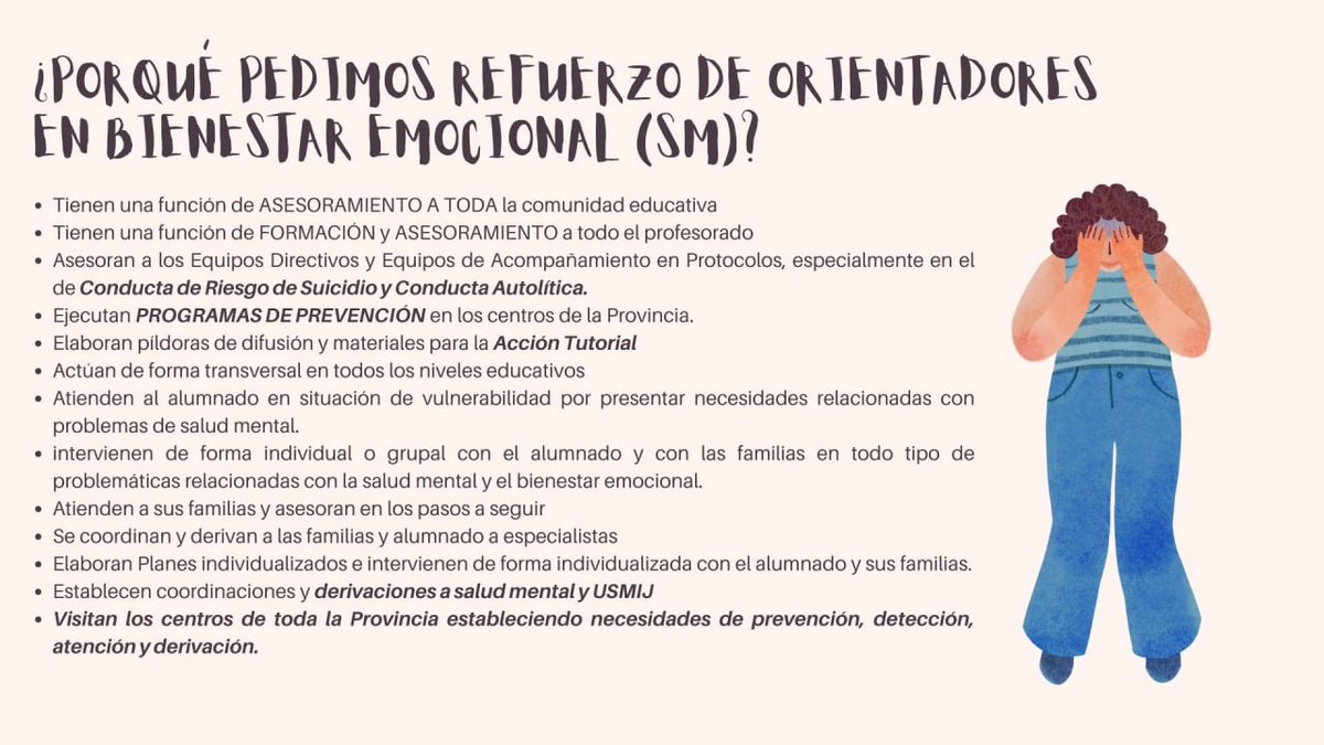 🆘El Programa de Bienestar emocional sigue sin salir 

🆘 Con cientos de protocolos de conducta suicida y autoliitica abiertos en las provincias la <a href="/AndaluciaJunta/">Junta de Andalucía</a> decide dejar sin asesoramiento a los centros. 

🆘 Es urgente que se convoquen las plazas en colocación de efectivos