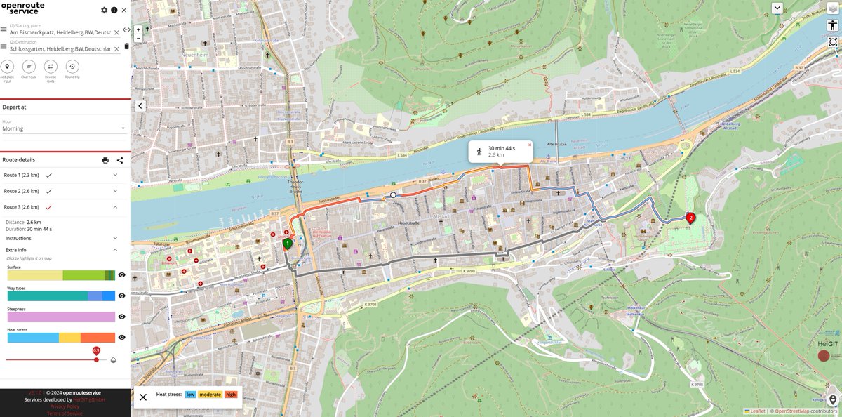 Today the HEAL project has officially finished!🌡️🗺️

#TdLab #Geography, GIScienceHD and HeiGIT have developed a #routing app designed to facilitate #heat-adapted #mobility in Heidelberg. 
The next step will be to transfer this approach to other cities.
🔎heigit.org/staying-safe-i…