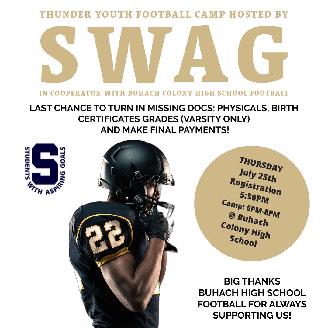 WE ARE SO EXCITED to give this opportunity to our youth in conjunction with <a href="/SWAG_merco/">DeVon Hilliard</a> and <a href="/cello_mar10elli/">Marcello Martinelli</a> . We want to thank
<a href="/BCThunderFB/">BC Thunder Football</a> <a href="/Coach_MGranado/">Matthew Granado</a> 
Buhach Colony High School, and Matthew Granado for supporting us and giving us access to their fields. This is community!