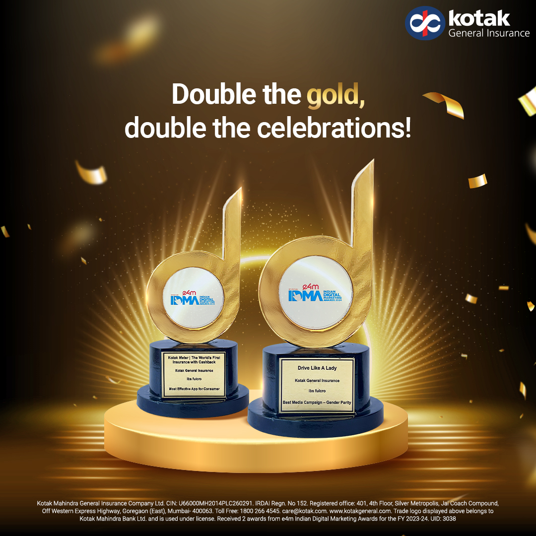ZurichKotak's tweet image. Driving to victory lane! We are delighted to bag two gold awards at the e4m Indian Digital Marketing Awards (IDMA) 2024.
#e4mAwards #IDMA2024 #KotakGeneralInsurance #KotakMeter