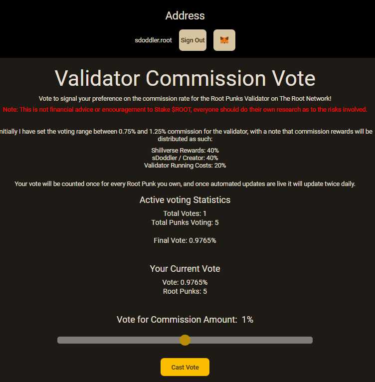 TheShillverse's tweet photo. 🫡 Root Punks Validator now officially producing blocks on @TheRootNetwork 🎉

And with impeccable timing! 👀

Introducing - the Root Punks Validator Commission voting page 🥳

Root Punks holders can now vote to change the commission rate on the Validator, based on their holdings!
https://t.co/zio3eipFBe

The voting page is pretty simple - why complicate matters! Note may not immediately reflect your holdings on first login.

Votes will be tallied twice a day & the Validator will automatically be updated to reflect the average voted commission amount.

Don't forget to head over to the Staking dashboard and change your nominations to include us!

https://t.co/atLJUhp0A6

Just look for the Validator ending in 0F95 ❤️

#BuiltOnRoot @futureverse @aaronmcdnz