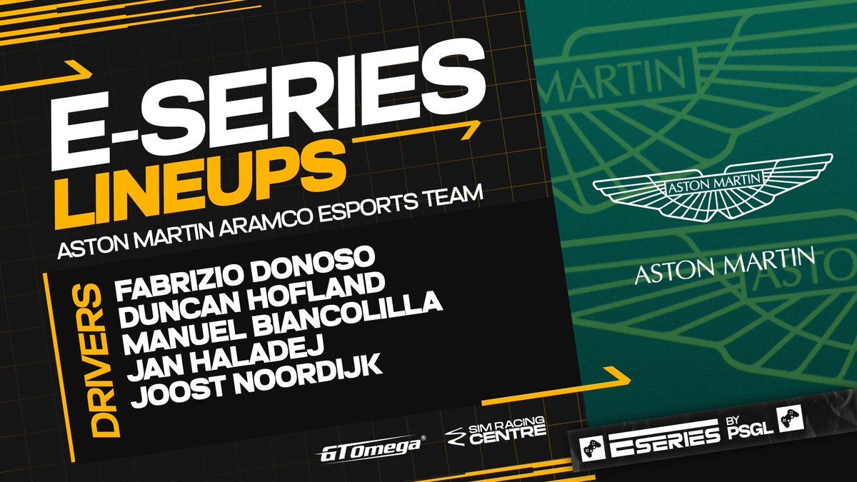 .<a href="/amf1esports/">AMF1 Esports</a> is here 😍

Aston Martin Esports have some big expectations to meet coming into their debut E-Series season 🏆

▫️ <a href="/FDonoso99/">Fab</a> 
▫️ <a href="/DuncanHofland/">Duncan Hofland</a> 
▫️ <a href="/MB_Whitelilac/">Manuel Biancolilla</a> 
▫️ <a href="/pesohalik/">Jan Haladej 🇨🇿</a> 
▫️ <a href="/JoostNoordijk/">Joost Noordijk</a> 

#PSGLxESeries